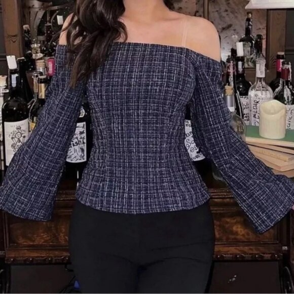 NWT ZARA Tweed Textured Off Shoulder Top Flare Sleeve 8741/257/030 Size XS - Picture 7 of 16